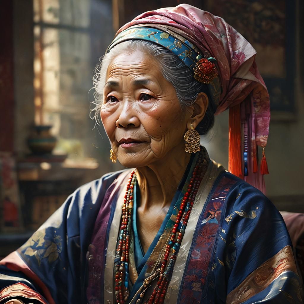 Detailed Portrait of Elderly Asian Woman in Traditional Dres...