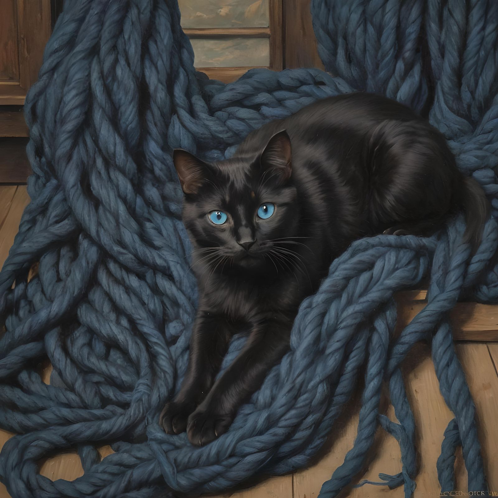 Vintage Oil Painting of a Black Cat in Yarn Room