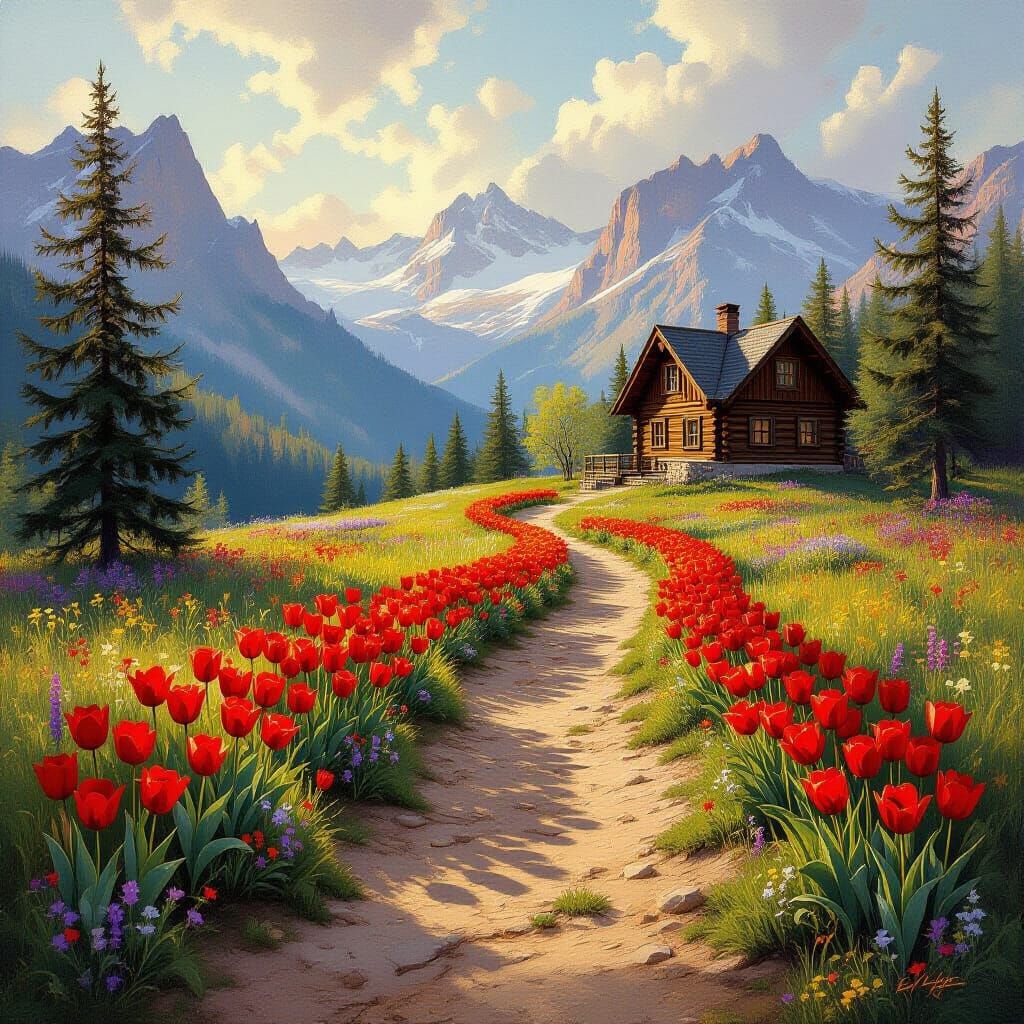 Oil Painting of Tulips, Wildflowers Leading to Mountain Cabi...