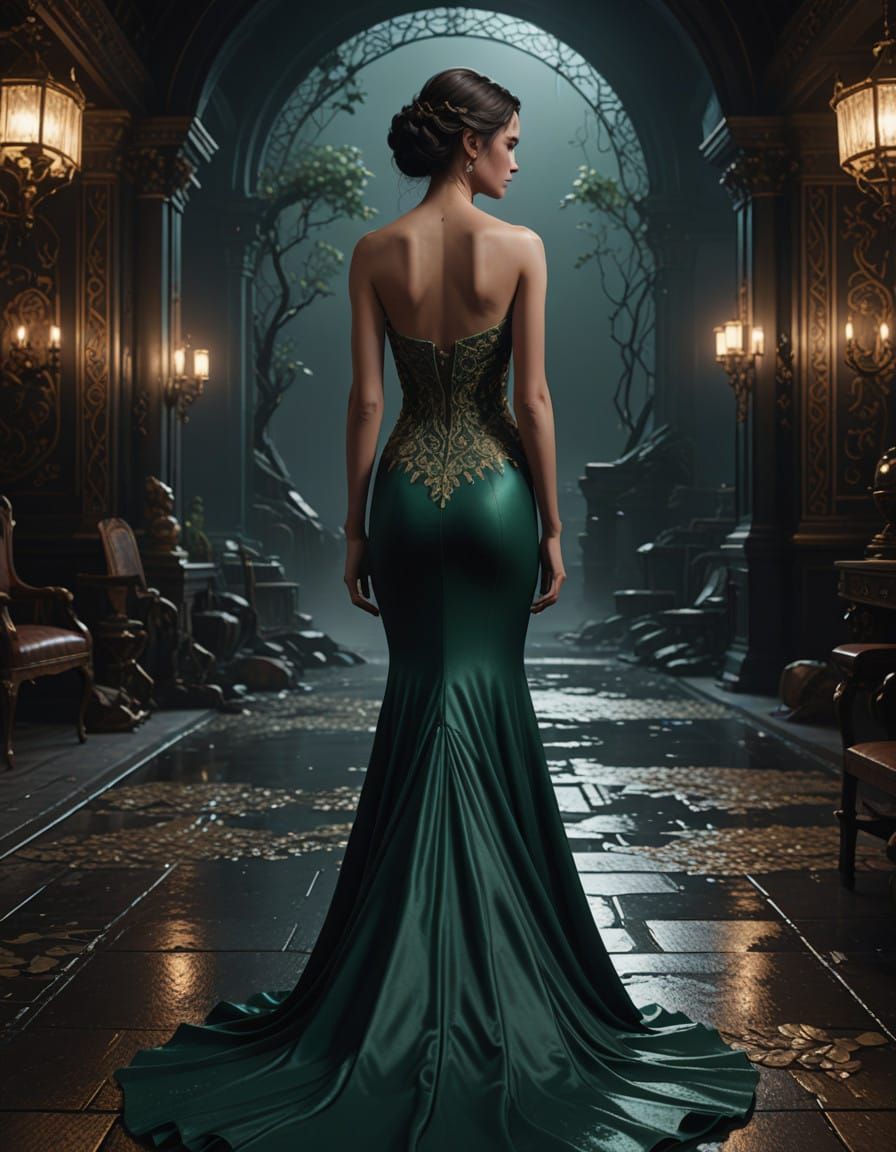 Elegant Woman in Emerald Gown Against Black Background
