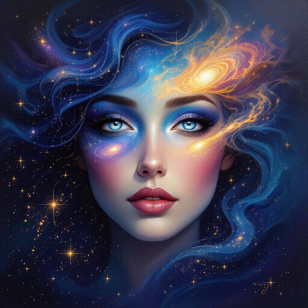Cosmic Woman Portrait in Surreal Impasto Style