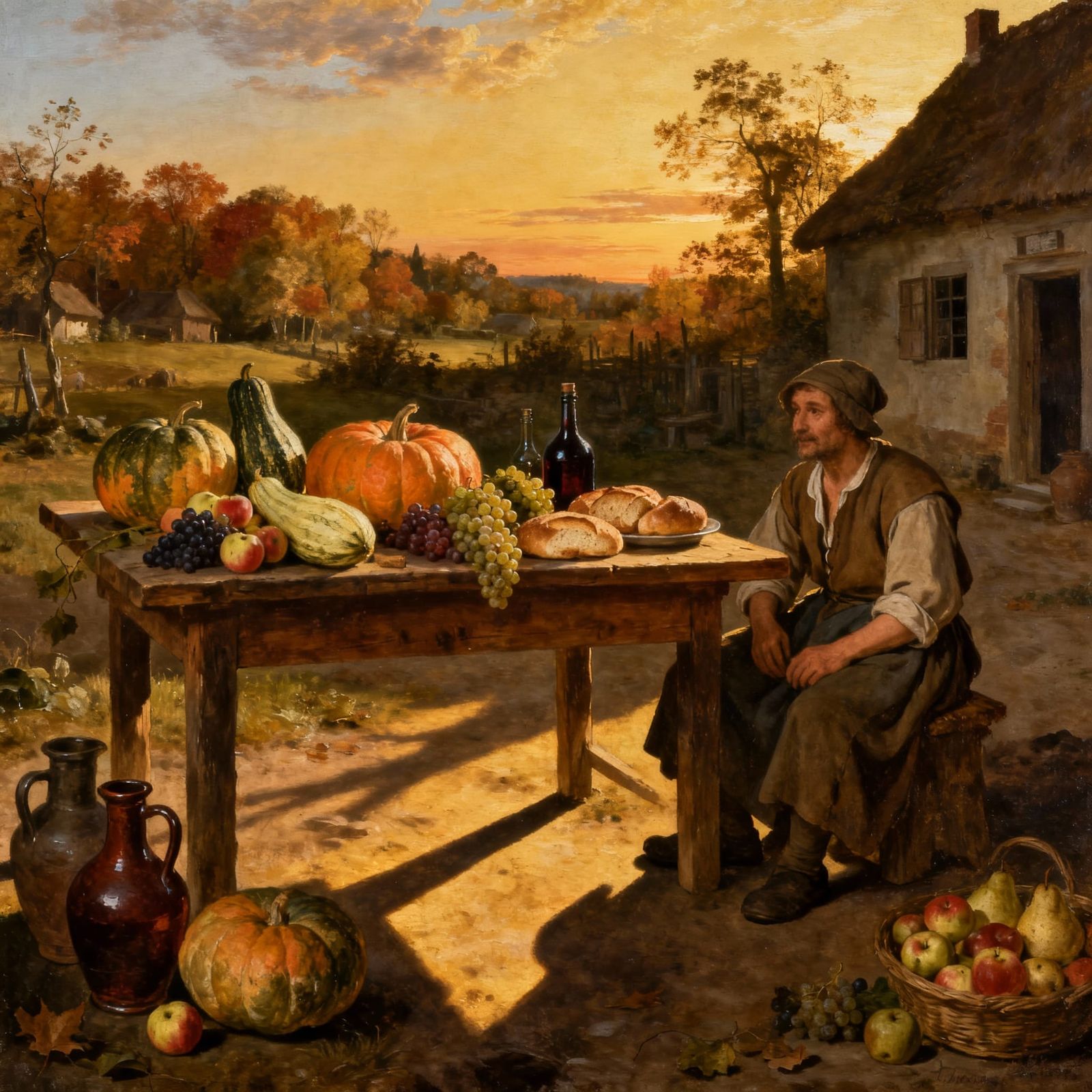 Abundant Autumn Harvest Feast in Golden Afternoon Light