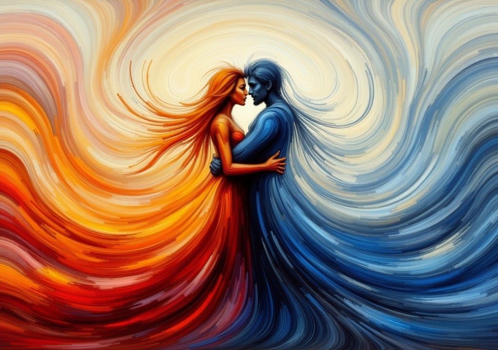 Embracing Figures in Flowing Warm and Cold Colors