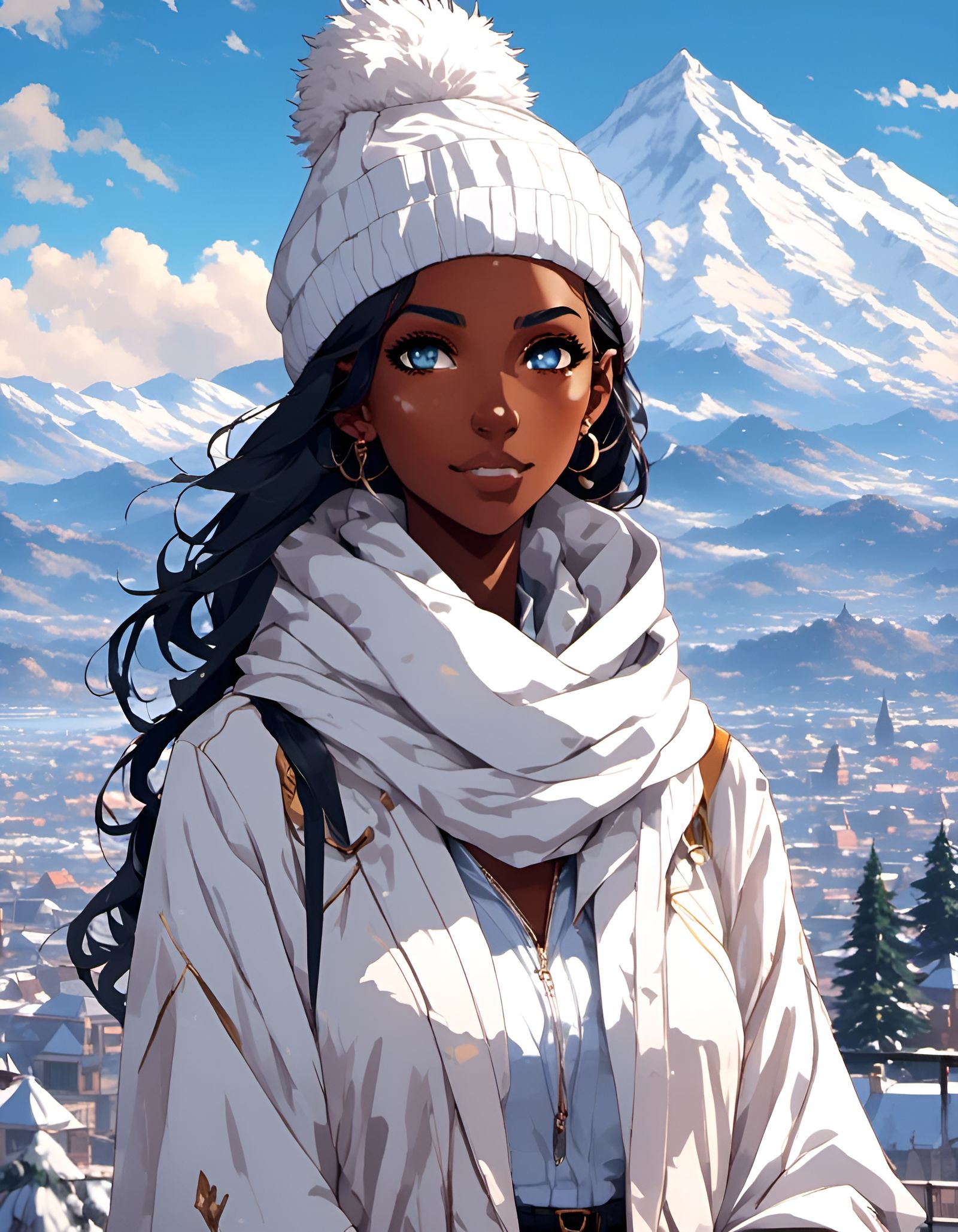 Anime Portrait of Woman in Snowy Mountain Scene