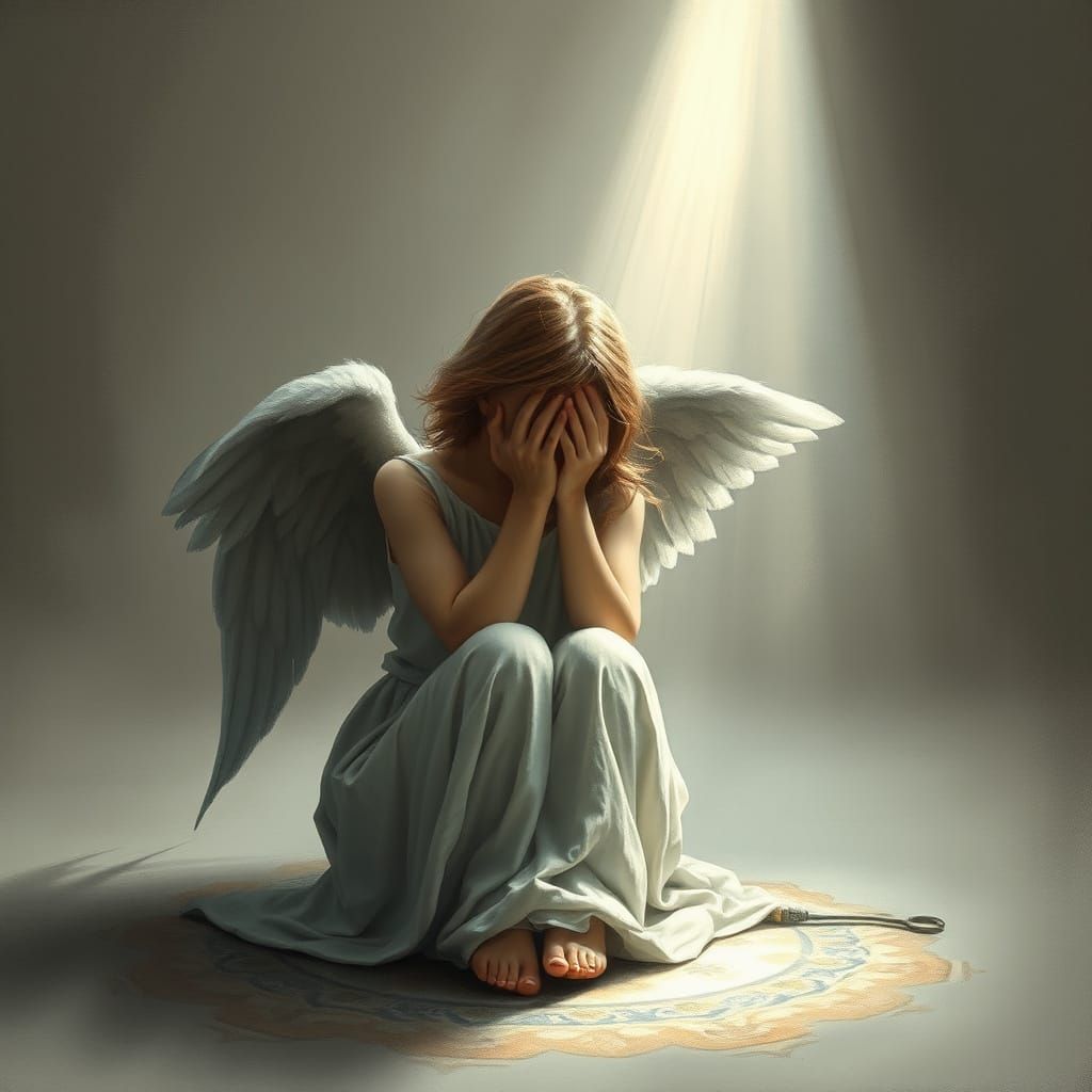 "a sad angel clutching her face in despair as she sits in a lonely gray room, a ray of sunlight filters in from the ceil...