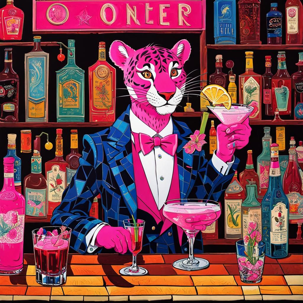 Pink Panther Bartender in Patchwork Collage Style