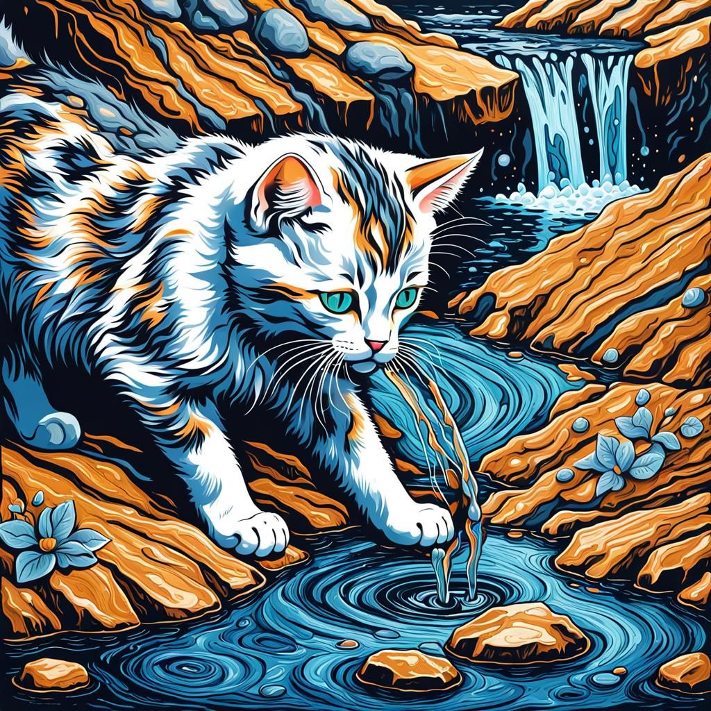 Kitten Drinking from Mountain Stream in Abstract Style