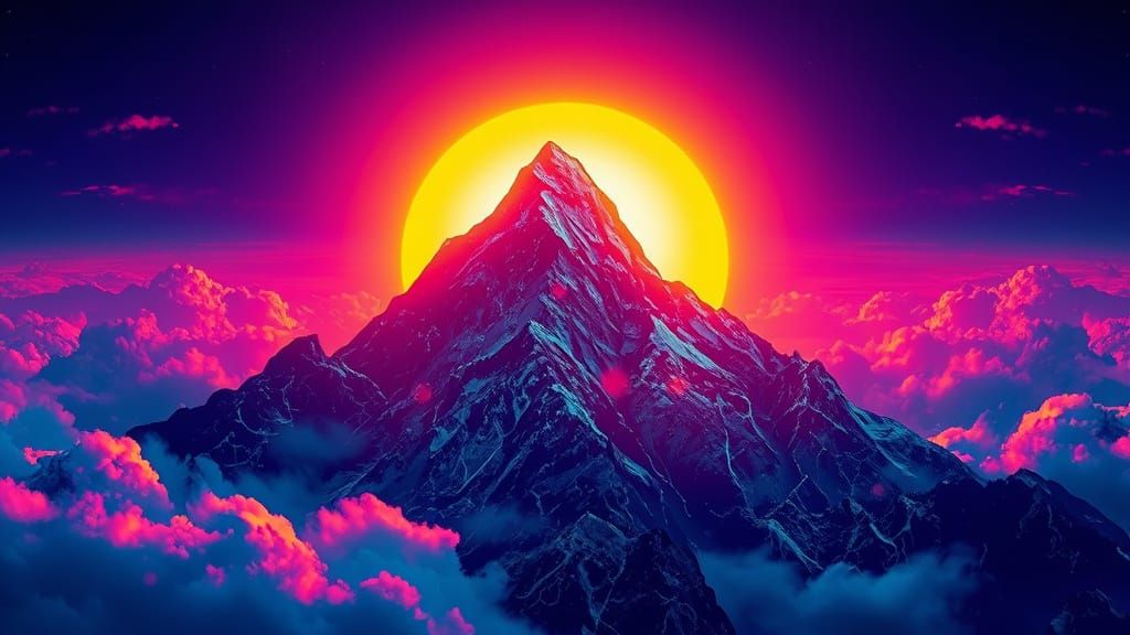 Majestic Fractal Mountain in Hyper-Surrealistic Neon