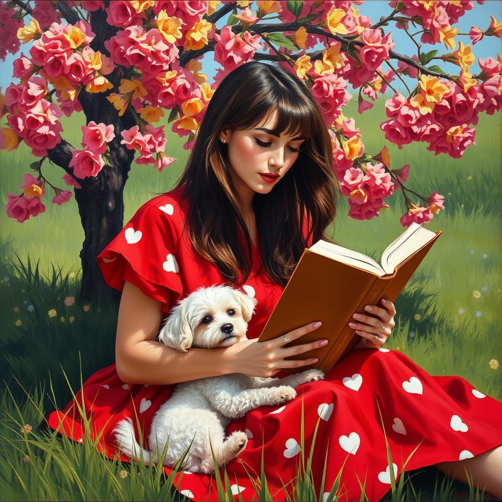Woman in 80s Inspired Red Dress, Reading in a Floral Meadow