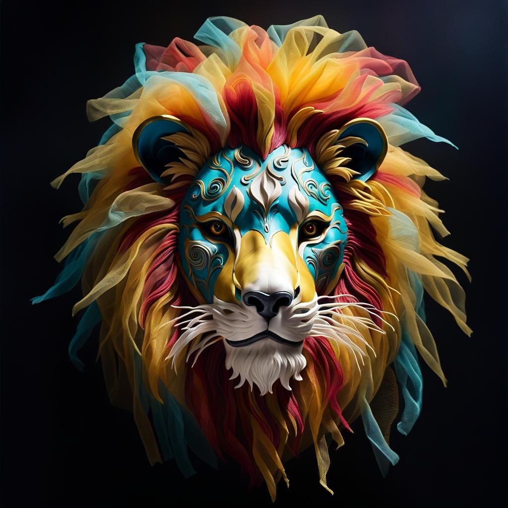 Veiled Lion Mask Portrait in Hyperrealistic Style