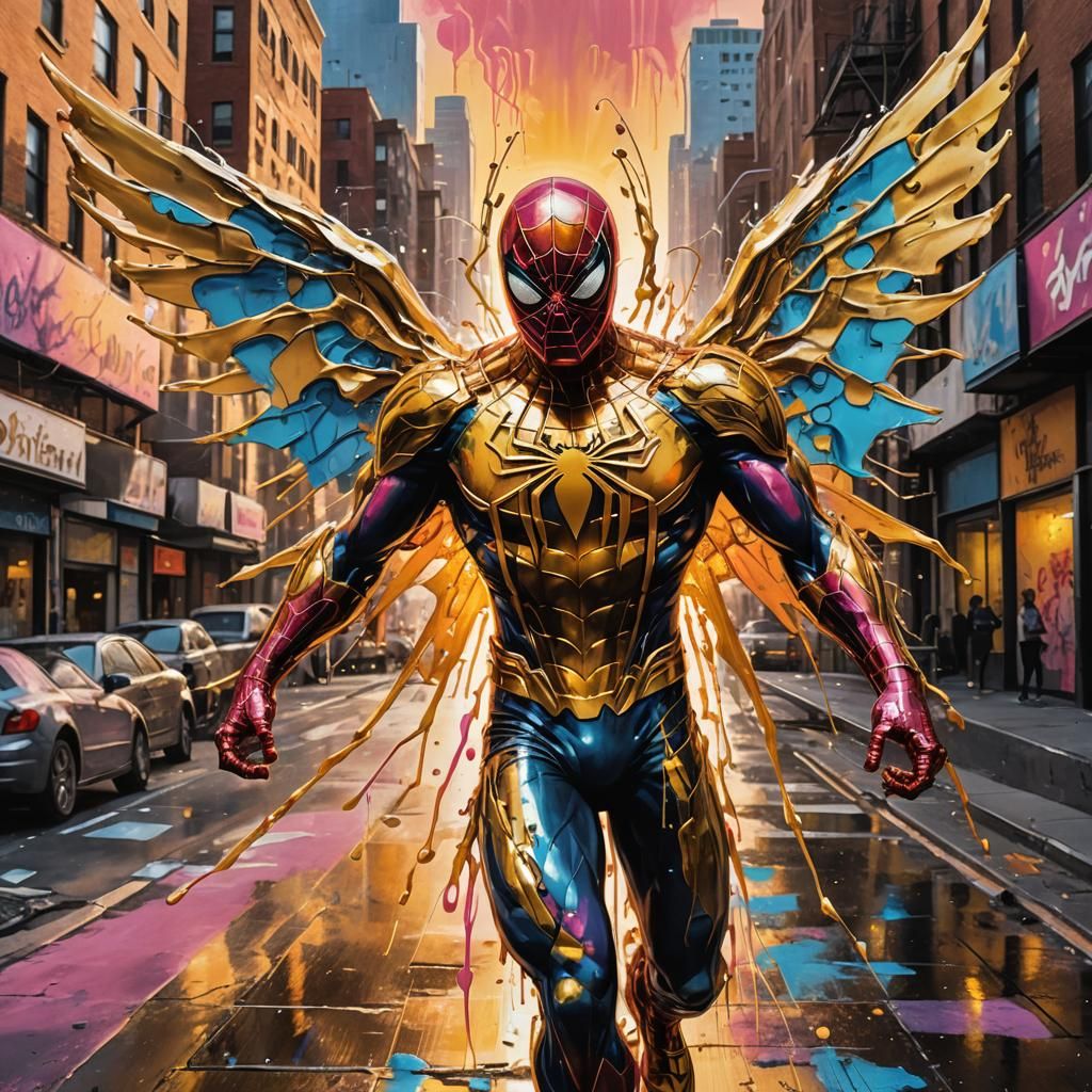 Golden Spiderman with Angel Wings in Street Art