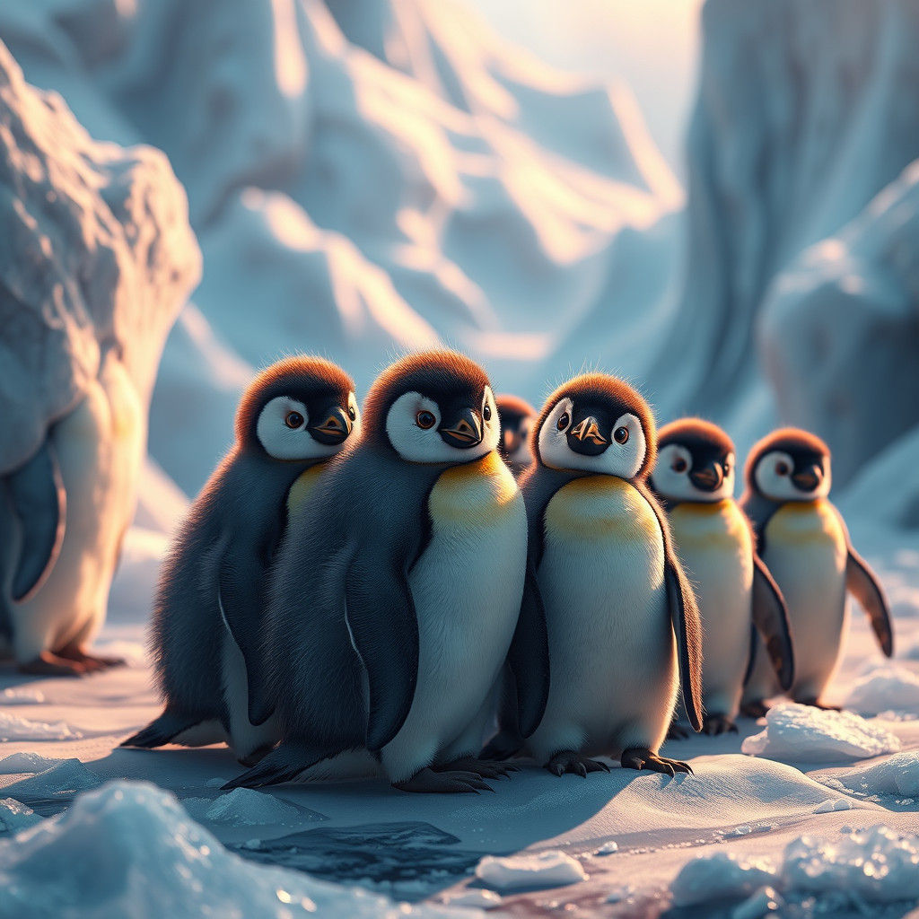 Baby Penguins in a Fantastical Icy Landscape