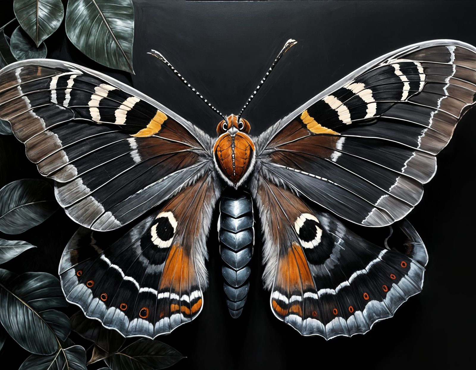 Black Cecropia Moth Painting with Silver Highlights
