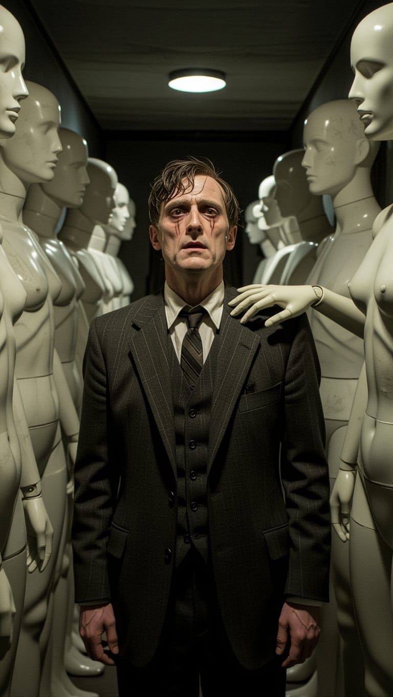 Man Overwhelmed by Dark Specters in Creepy Abandoned Hallway