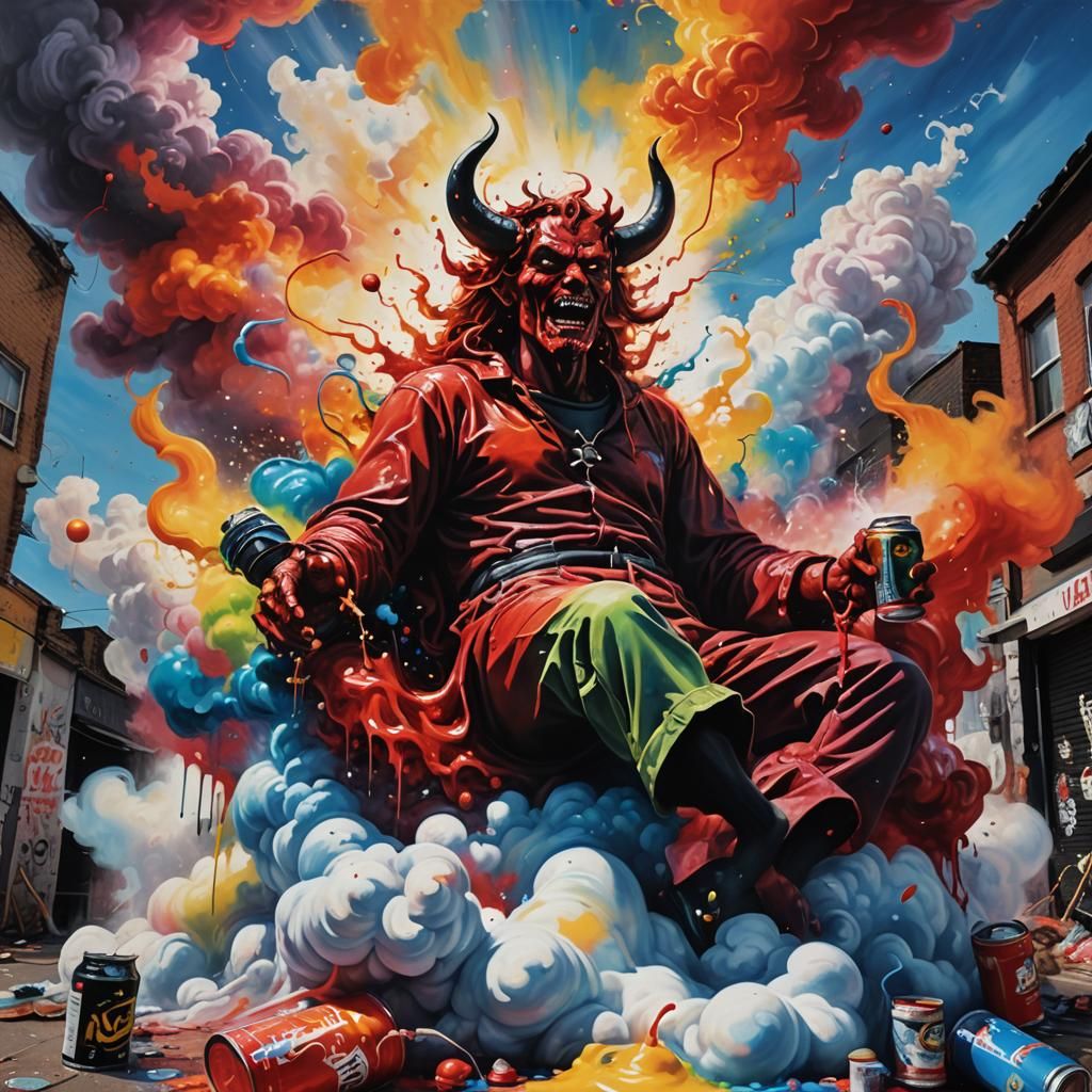 Satan Spray Painting Street Art in Surreal Style