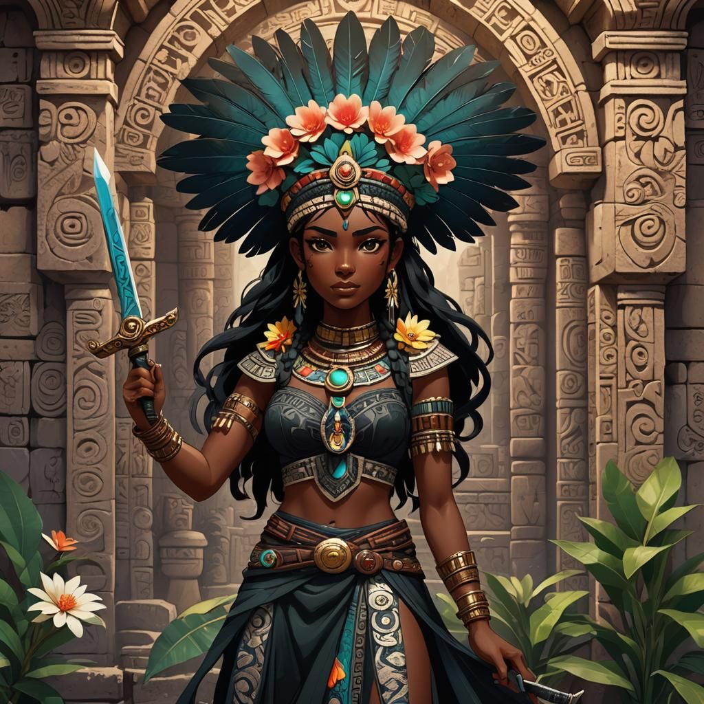 Latina Woman with Obsidian Sword in Anime Style