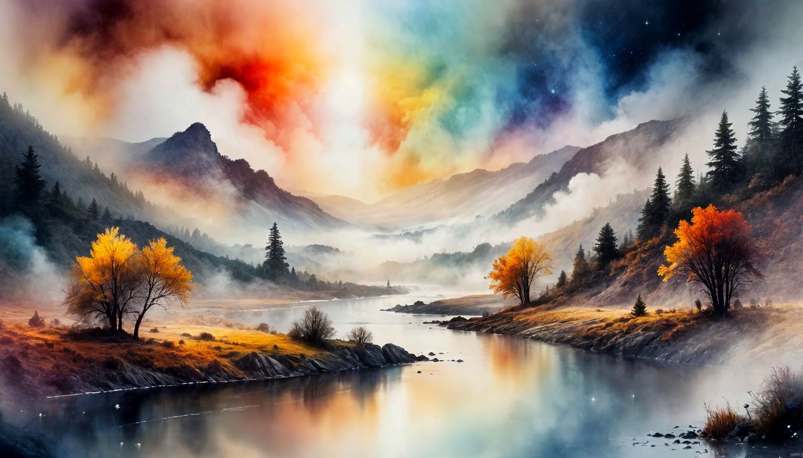 Sunrise Landscape with Rainbow in Sfumato Style