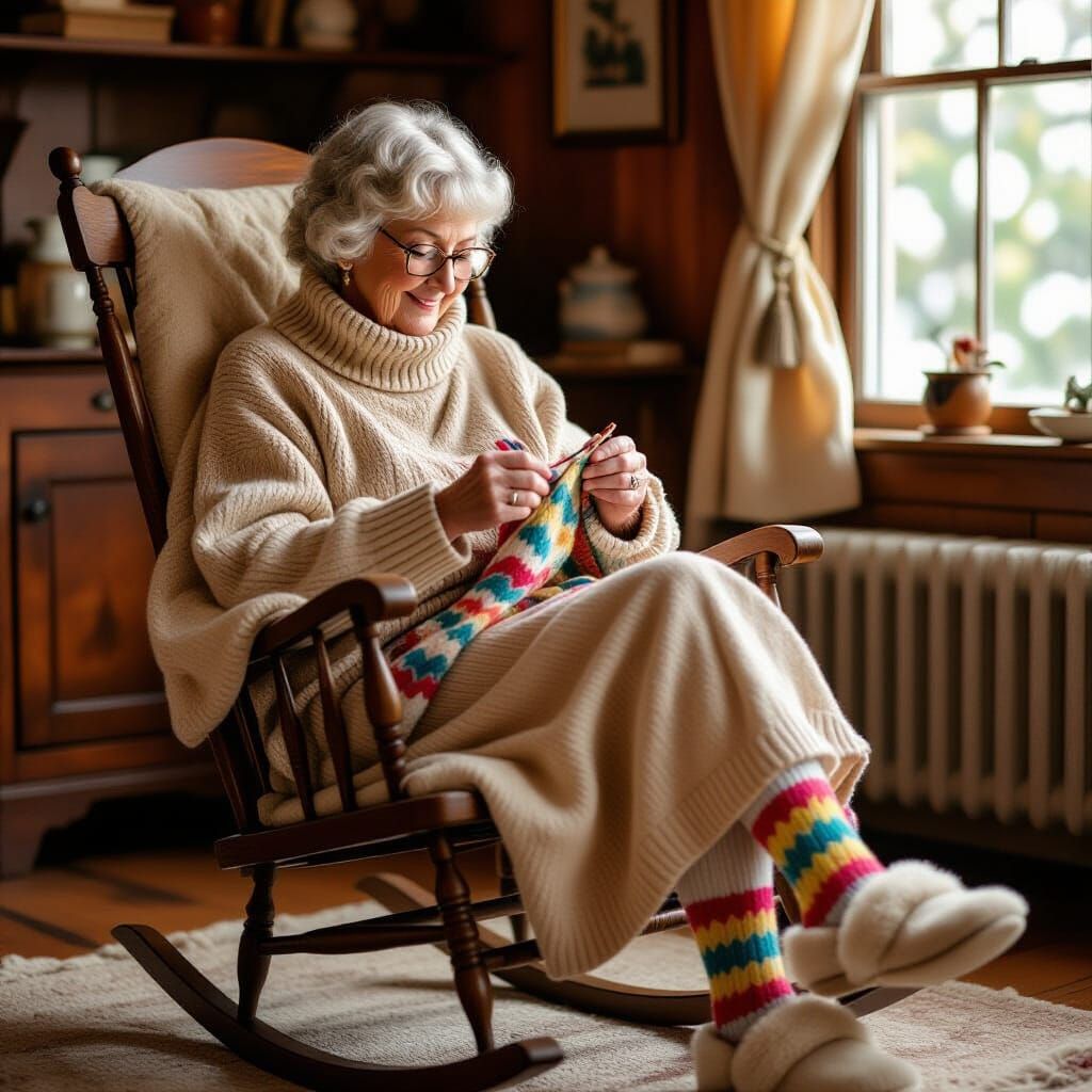 Grandma Knitting in a Cozy Storybook Illustration