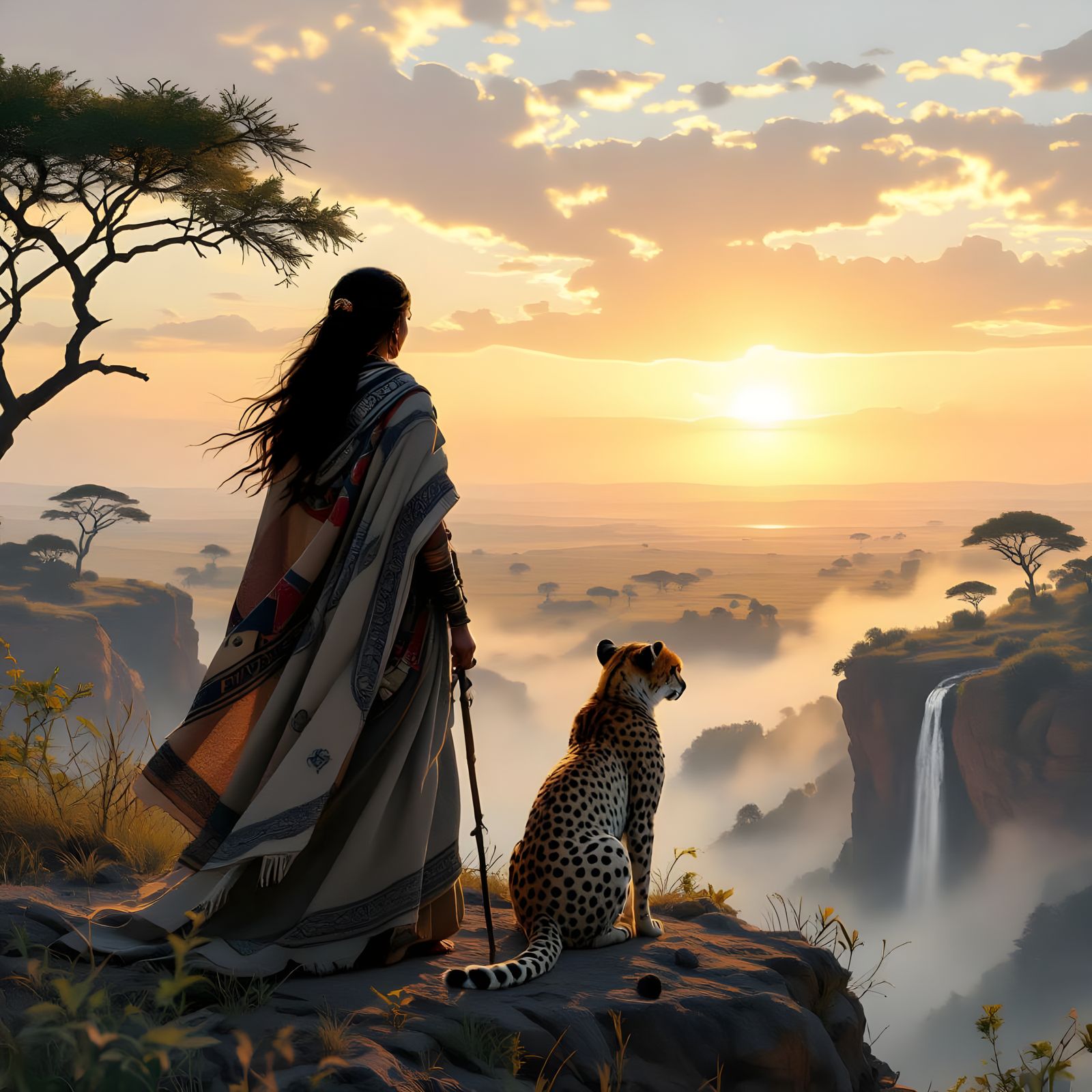 Powerful Woman and Cheetah at Dawn: Fantasy Epic
