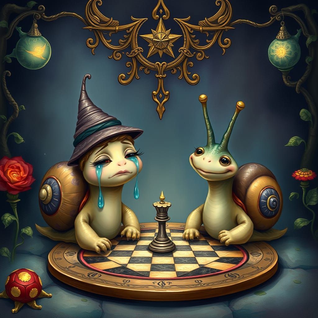 Snails Play Chess in Dreamlike Elemental Setting