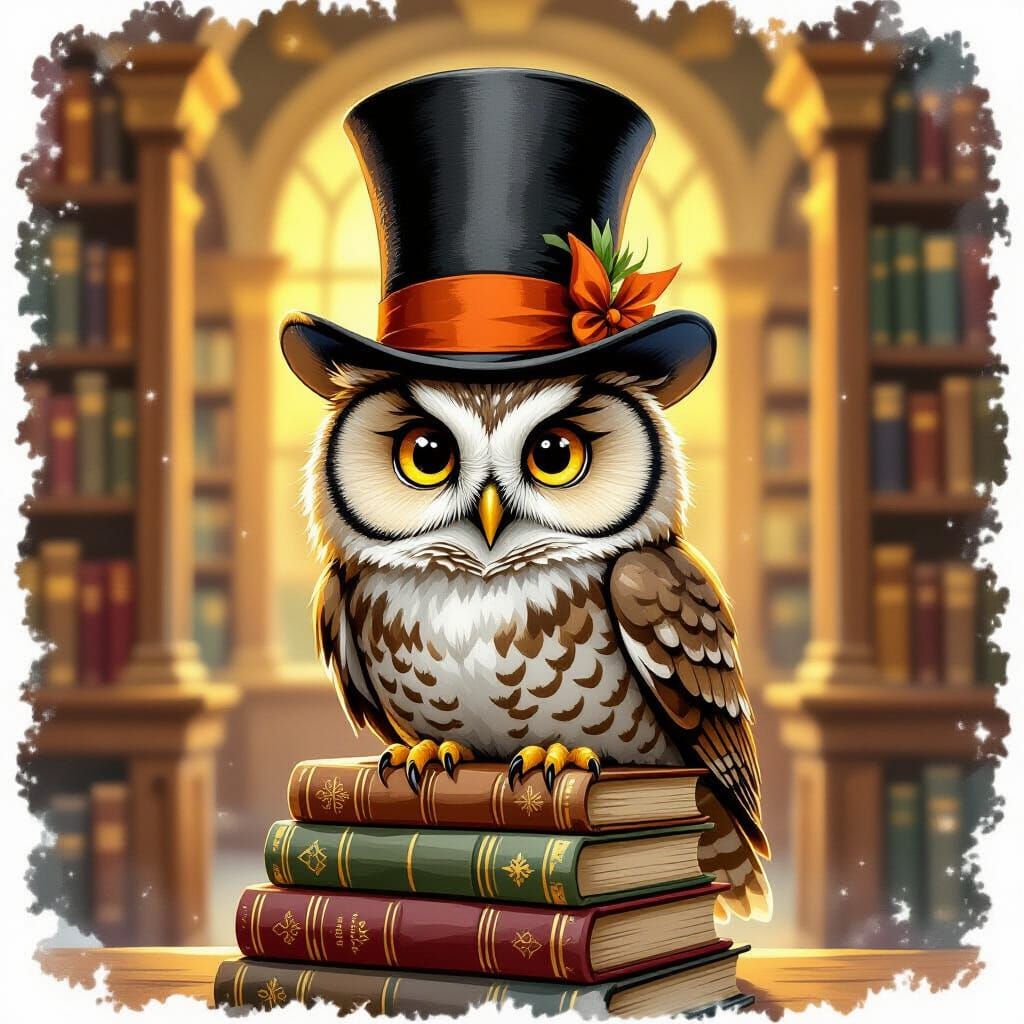 Wise Owl in Monocle and Top Hat on Books