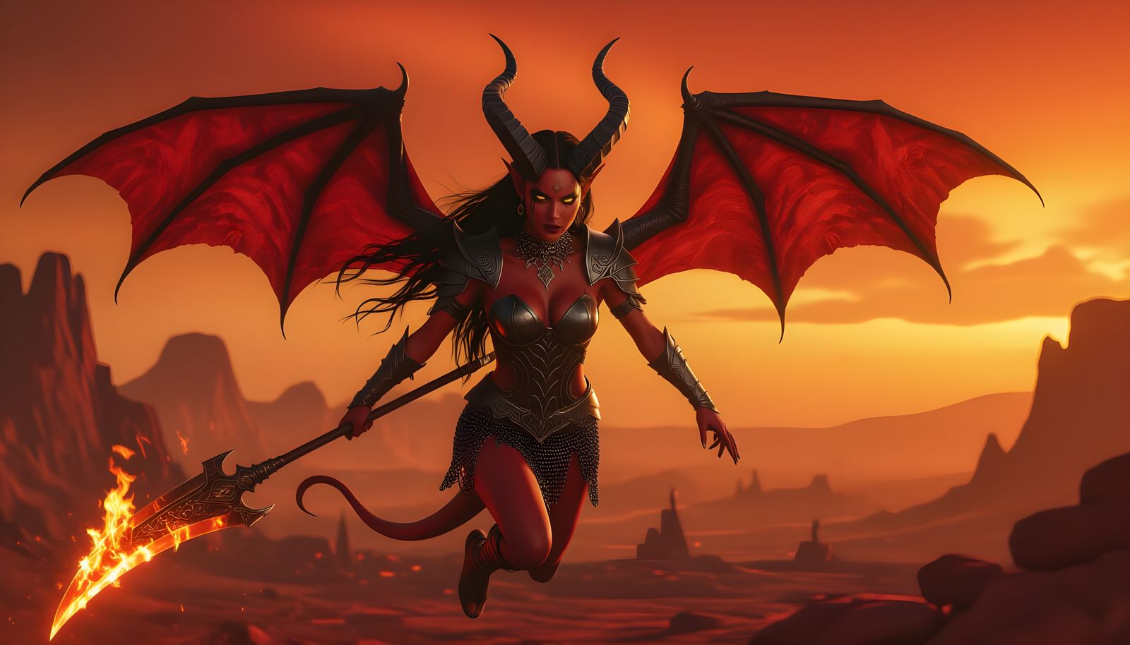 Female Demon in Flight Over Hellish Landscape