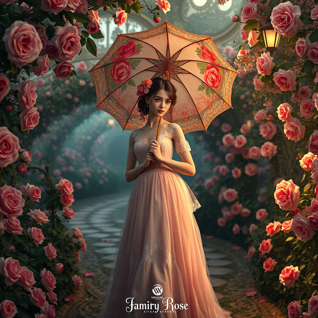 Lady with Parasol in Rose Garden, Pre-Raphaelite Style