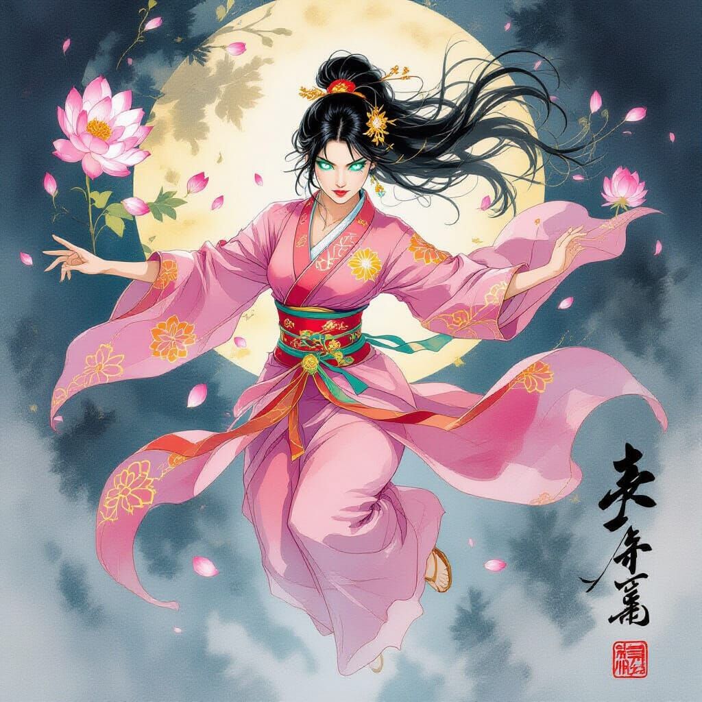 Warrior in Silk: A Dynamic Watercolor Fantasy