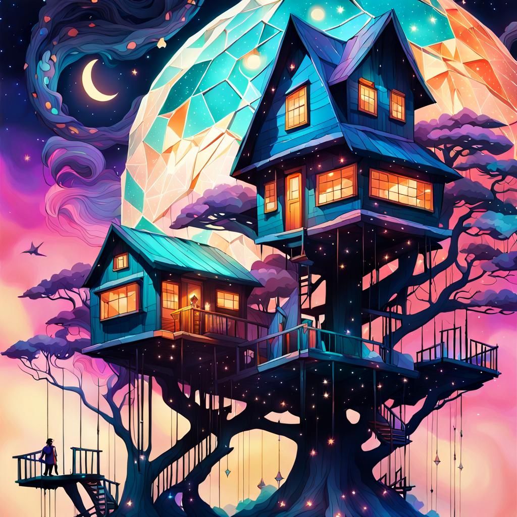 Surreal Treehouses with Starlight Figure in Glitchcore Style