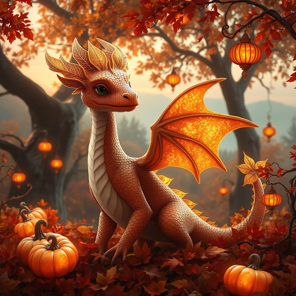 Whimsical Baby Dragon in Autumn Fantasy Scene