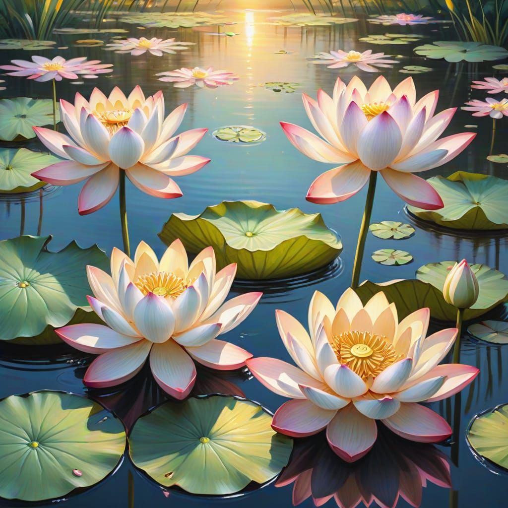 Whimsical White Lotus Blooms in Golden Hour