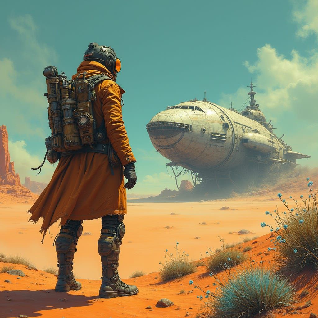 Cyborg Explorer in Alien Desert Steampunk Landscape