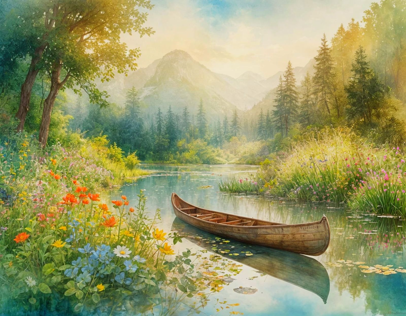 Watercolor Summer Landscape with Wildflowers and Canoe
