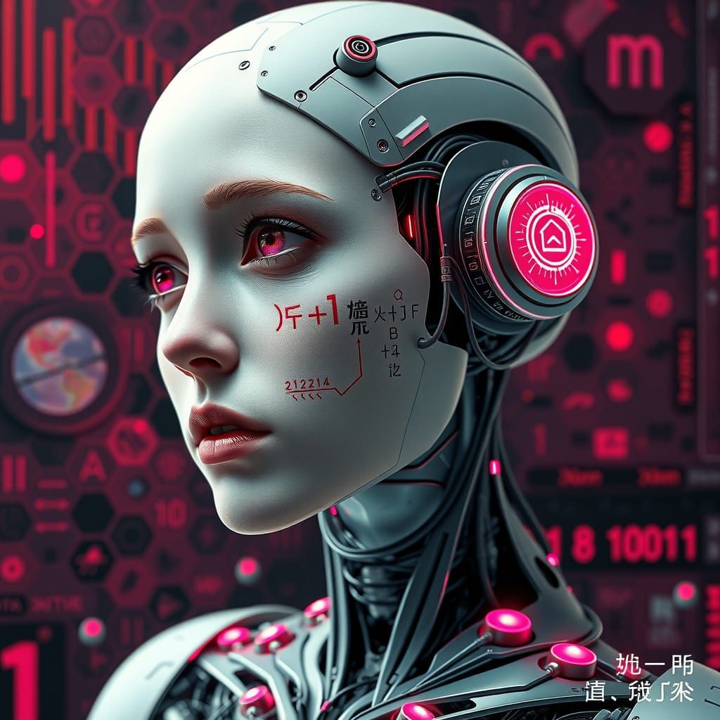 Cybernetic Woman with Pink Eyes and Circuitry