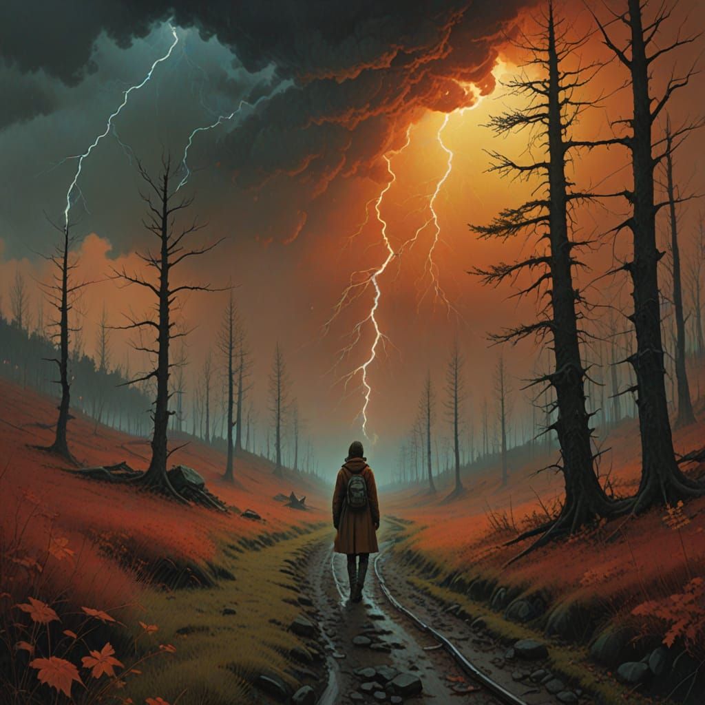 Serene Woman Walks Under Autumn Storm