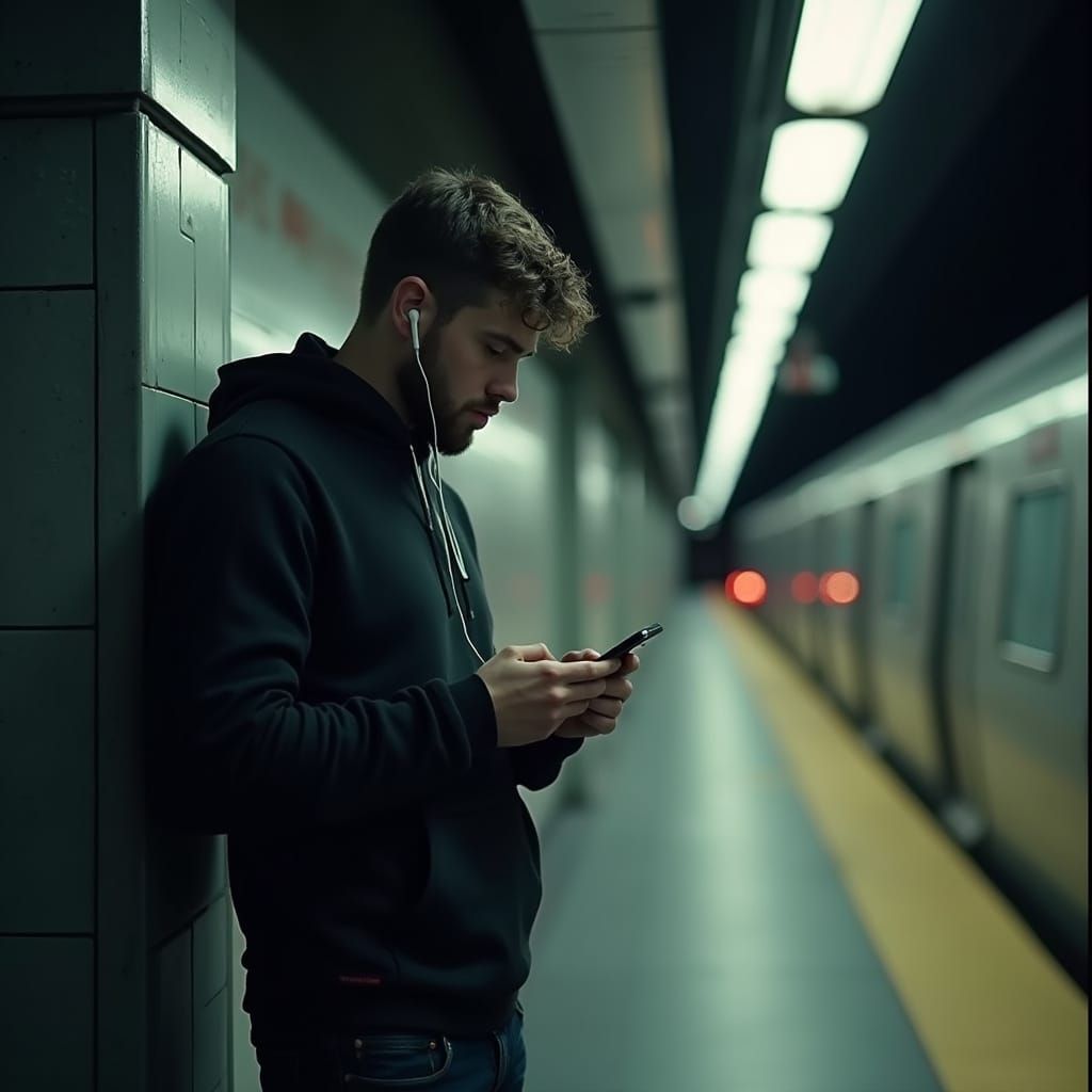 Lonely Commuter on Subway Platform at Night