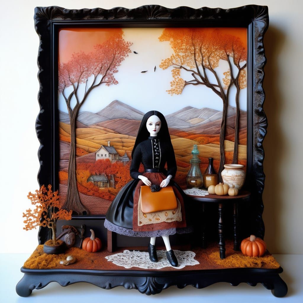Autumnal Porcelain Tableau with Goth Woman and Wooden Dolls