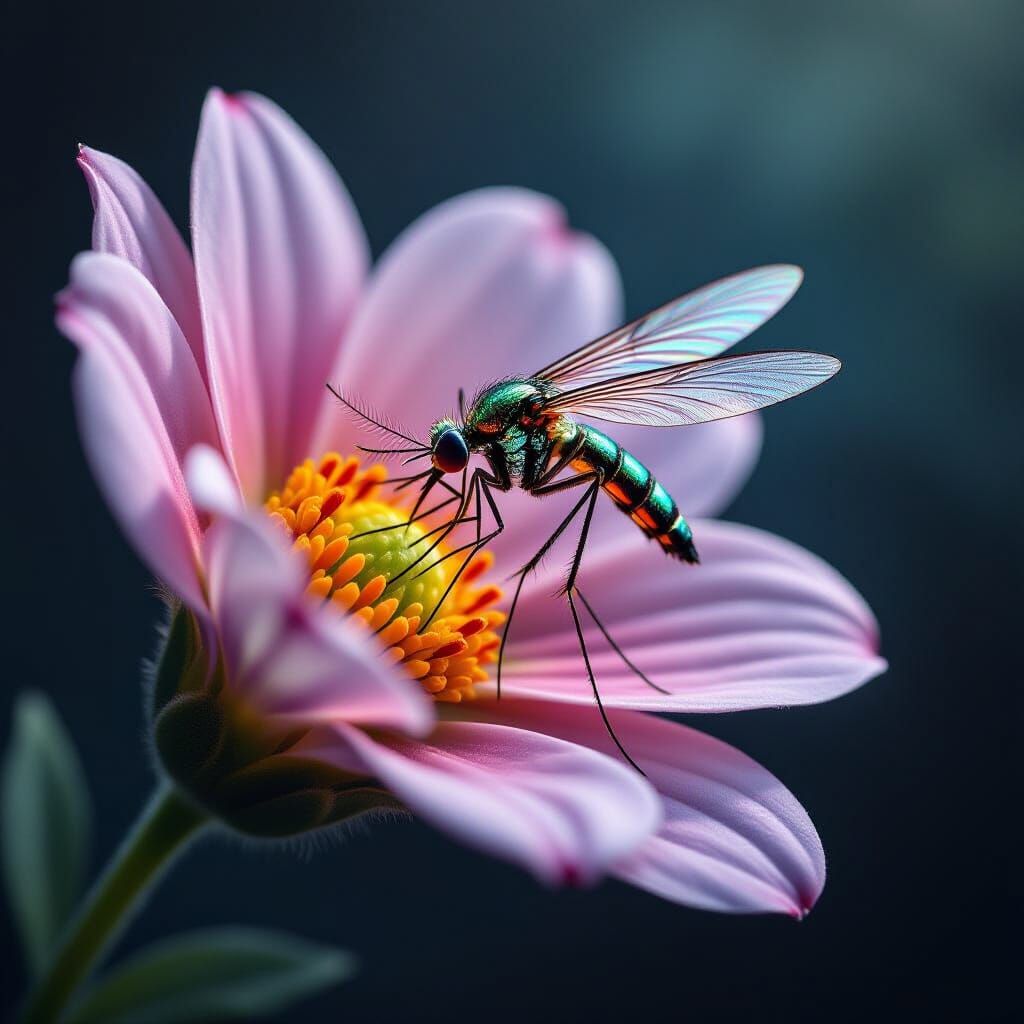 Iridescent Mosquito on Velvet Flower, Digital Painting