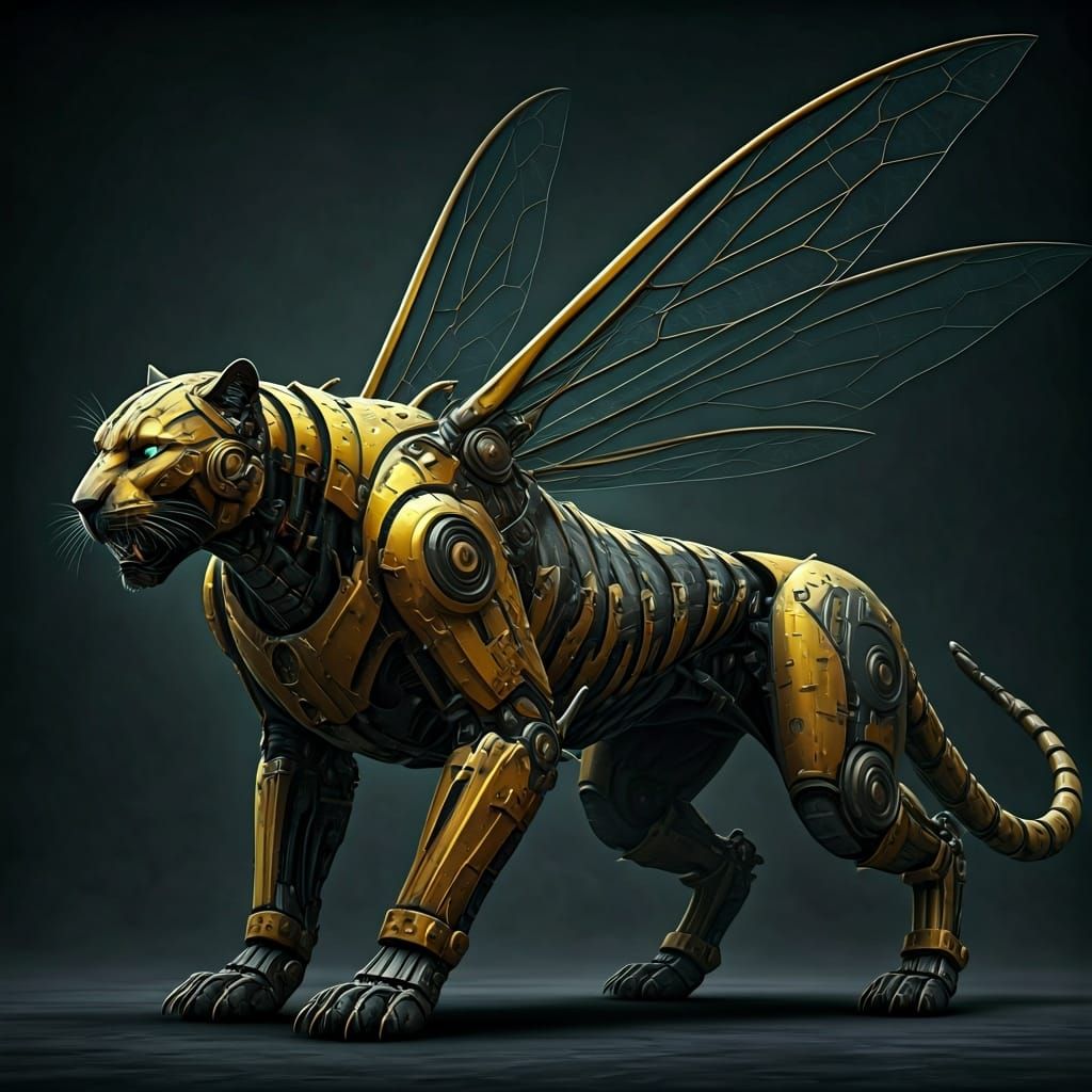 Biomechanical Panther-Wasp Fusion in Cyberpunk Style