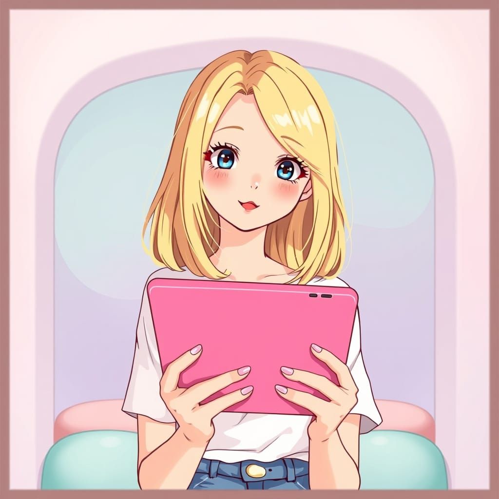 Girl with Pink Tablet: Digital Art in Delicate Style
