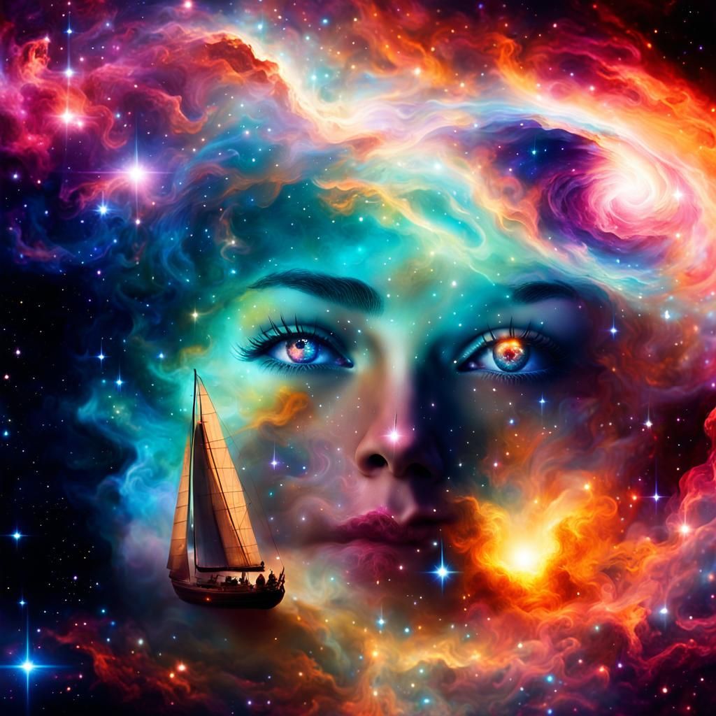 Sailboat Sails Through Space Nebula in Digital Painting