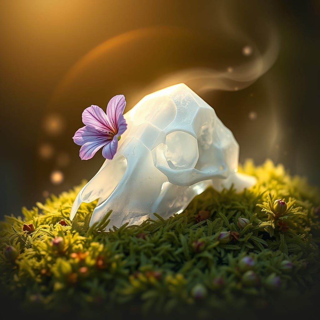 Delicate Quartz Skull in Dreamlike Landscape