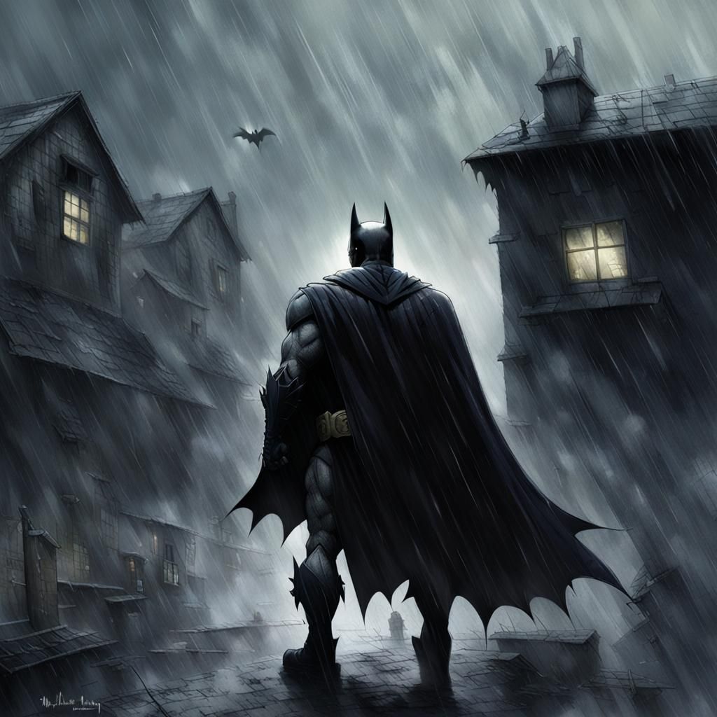 Batman in a Noir Warehouse with Cartoon Elements