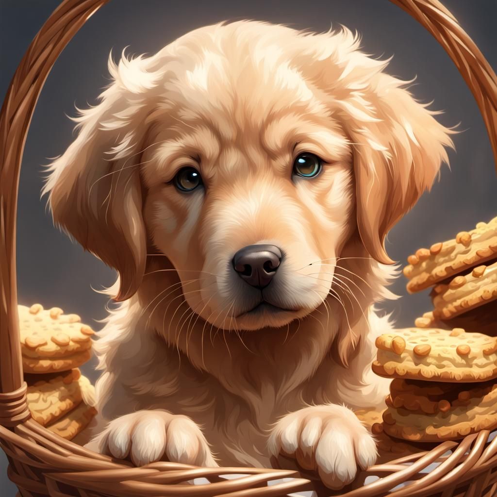 Golden retriever puppy in a basket