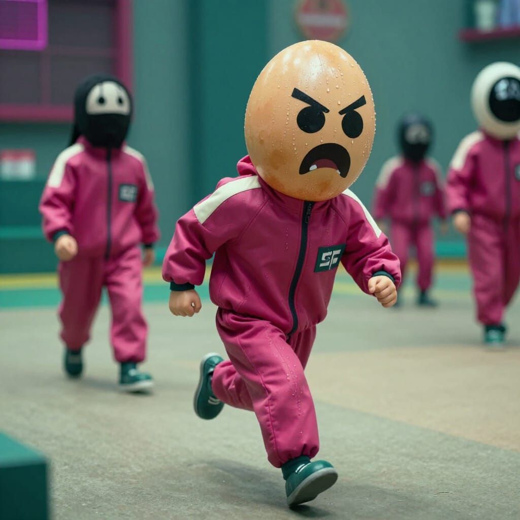 Angry Egg in Squid Game Running from Doll