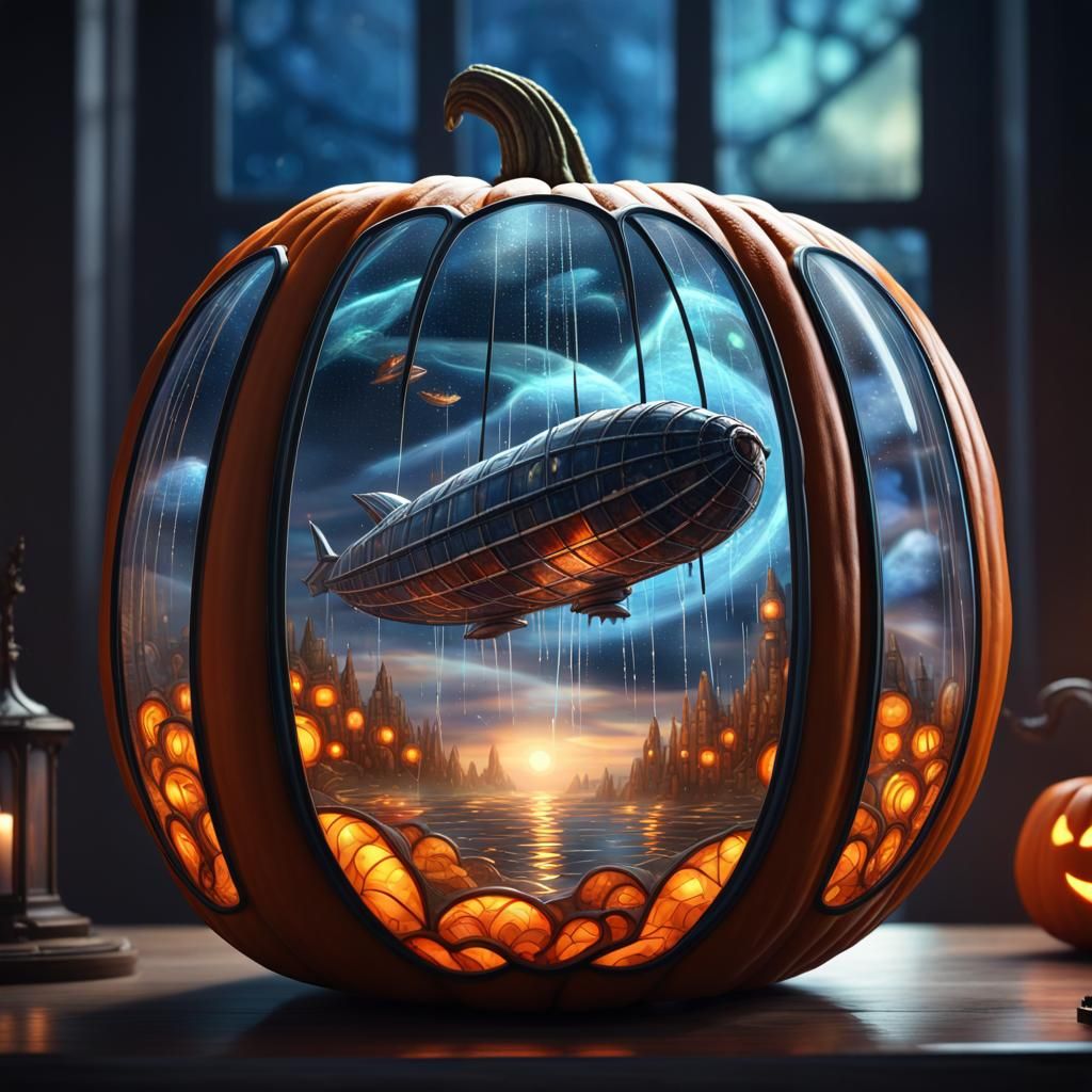 Spooky gothic spaceship carved inside a transparent stained glass pumpkin
