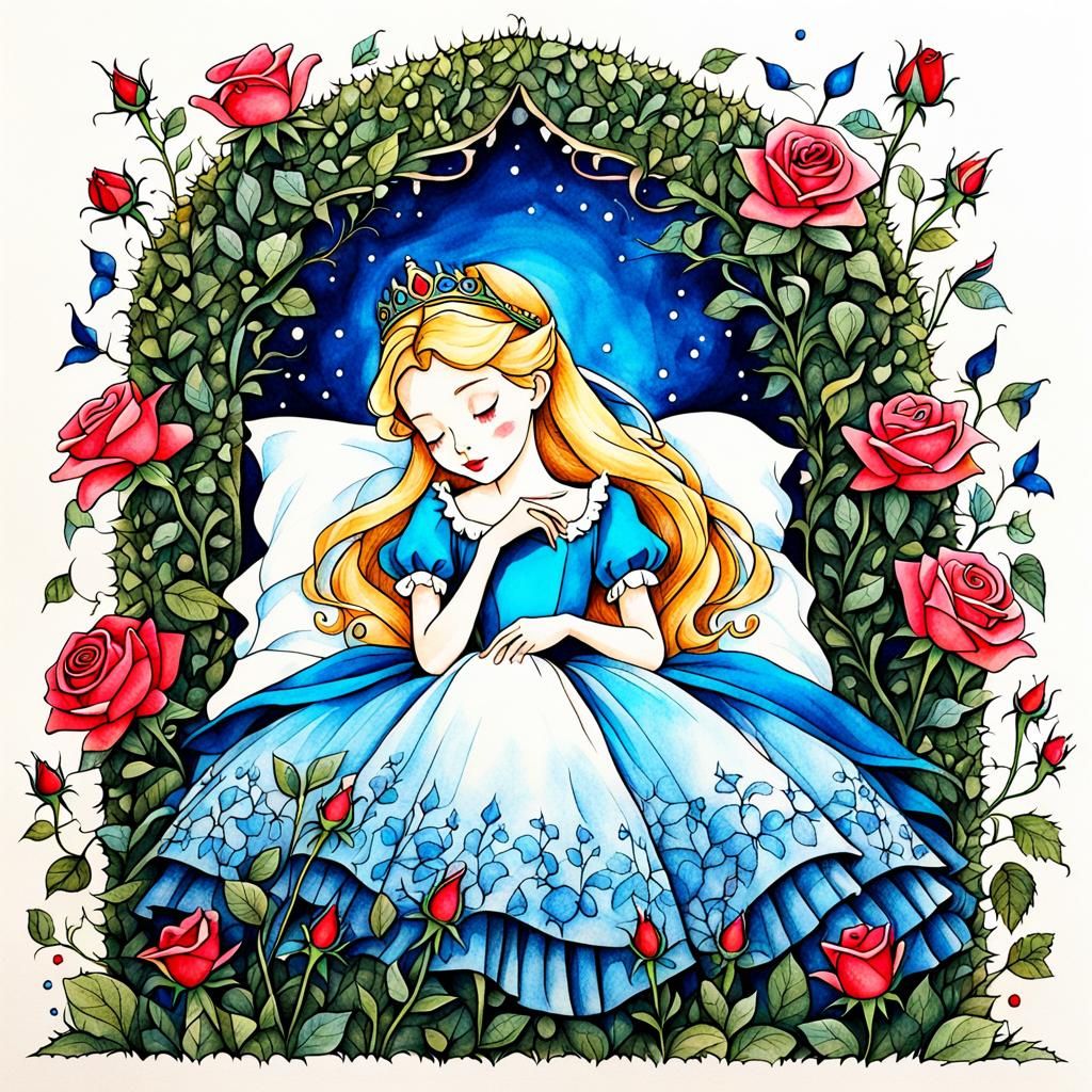 The fairy tale of Sleeping Beauty with the thorny rose hedge