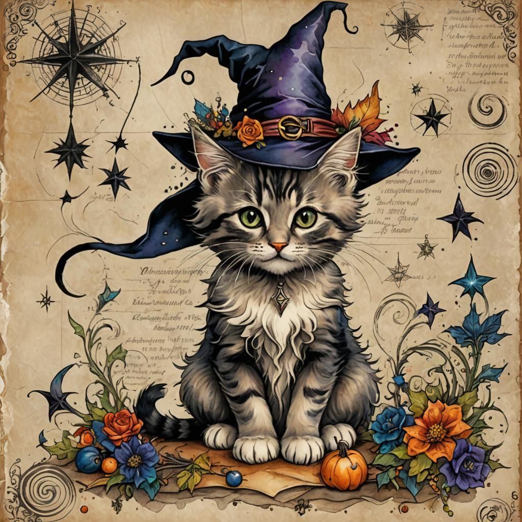 Kitten as Witch's Familiar in Colorful Ink Illustration