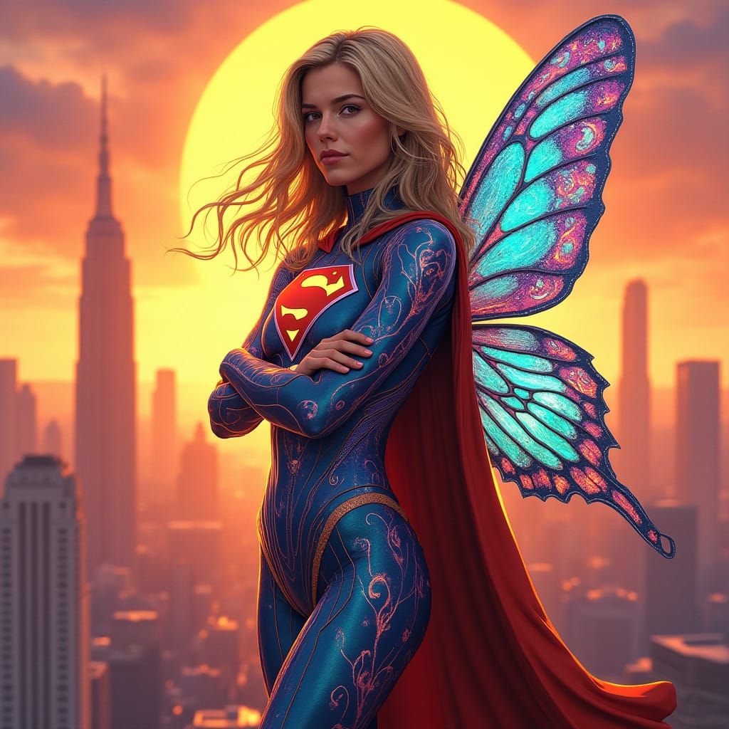 Heroic Supergirl in Iridescent Exosuit against Sunset Citysc...