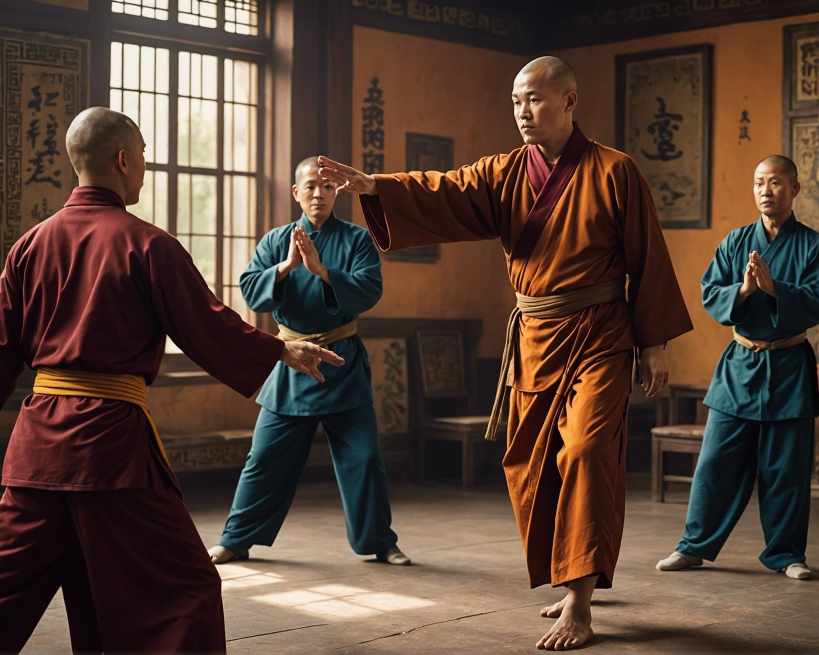 An ancient Budist  monk teaching Tai Chi to  young apprentices